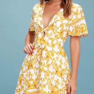 Lulus White & Yellow Floral Print Tie-Front Dress